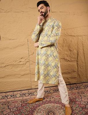 Men yellow viscose rayon bandhani embroidered straight kurta 1