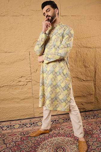 Men yellow viscose rayon bandhani embroidered straight kurta