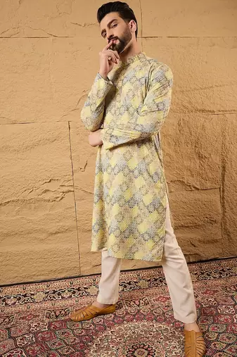 Men yellow viscose rayon bandhani embroidered straight kurta