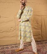 Men yellow viscose rayon bandhani embroidered straight kurta