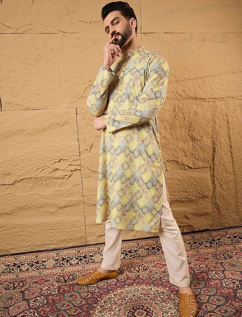 Men yellow viscose rayon bandhani embroidered straight kurta