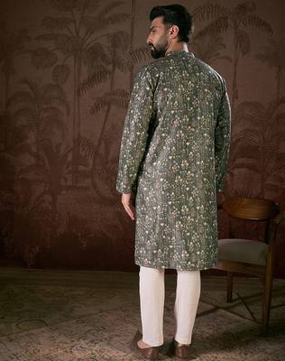 Men olive silk blend floral printed straight kurta with trouser 4
