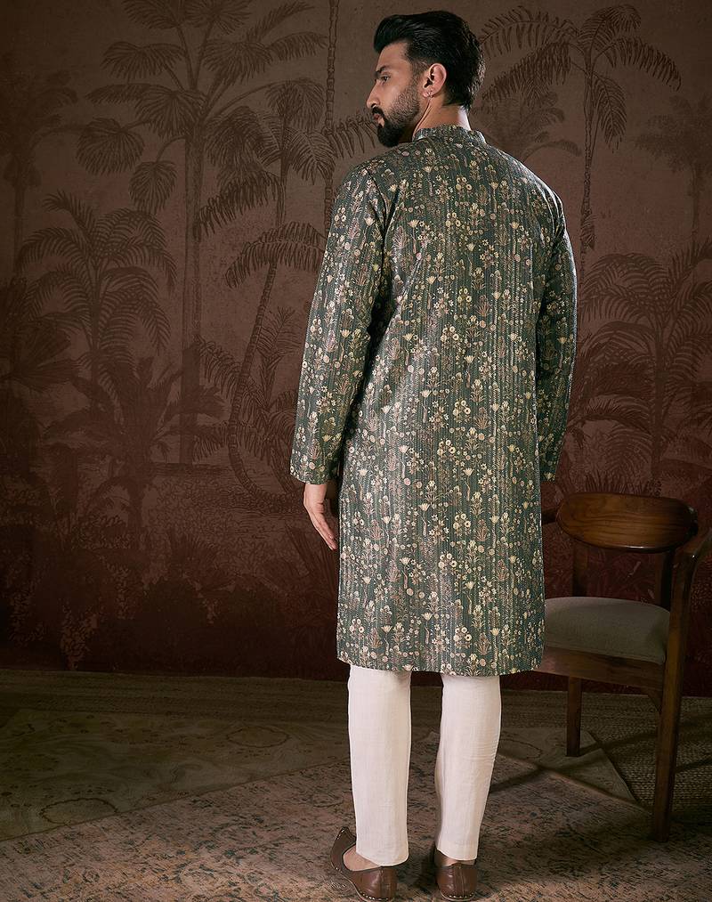Men olive silk blend floral printed straight kurta with trouser