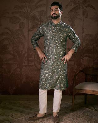 Men olive silk blend floral printed straight kurta with trouser 5