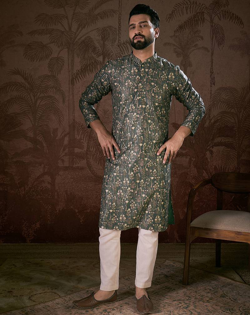 Men olive silk blend floral printed straight kurta with trouser