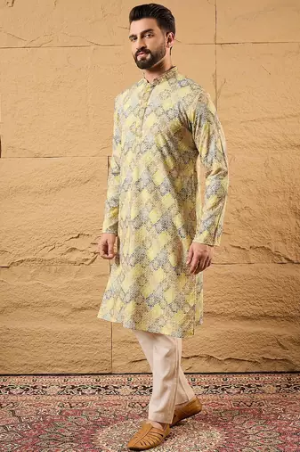 Men yellow viscose rayon bandhani embroidered straight kurta