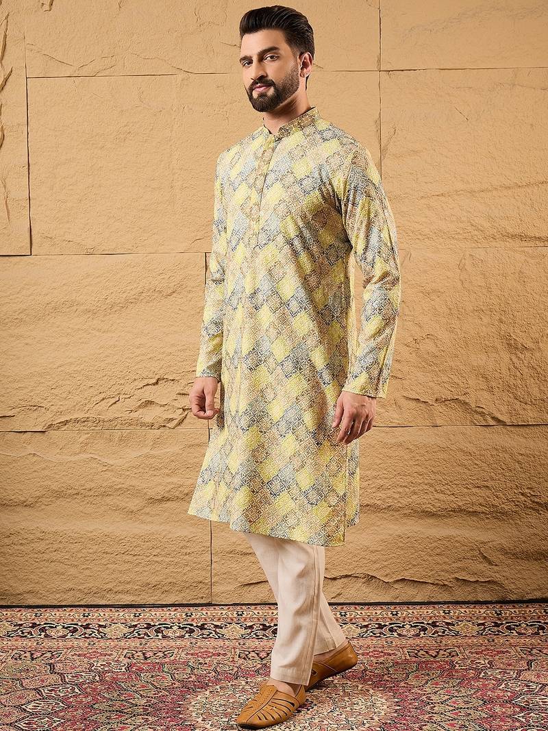 Men yellow viscose rayon bandhani embroidered straight kurta