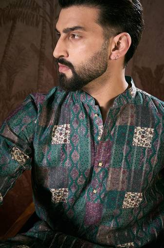 Men sea green silk blend ethnic motifs printed straight kurta with trouser