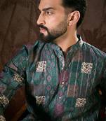 Men sea green silk blend ethnic motifs printed straight kurta with trouser
