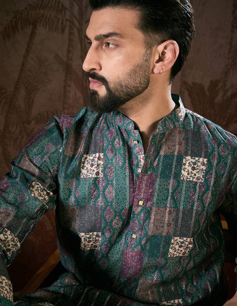 Men sea green silk blend ethnic motifs printed straight kurta with trouser