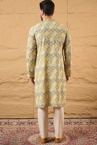 Men yellow viscose rayon bandhani embroidered straight kurta
