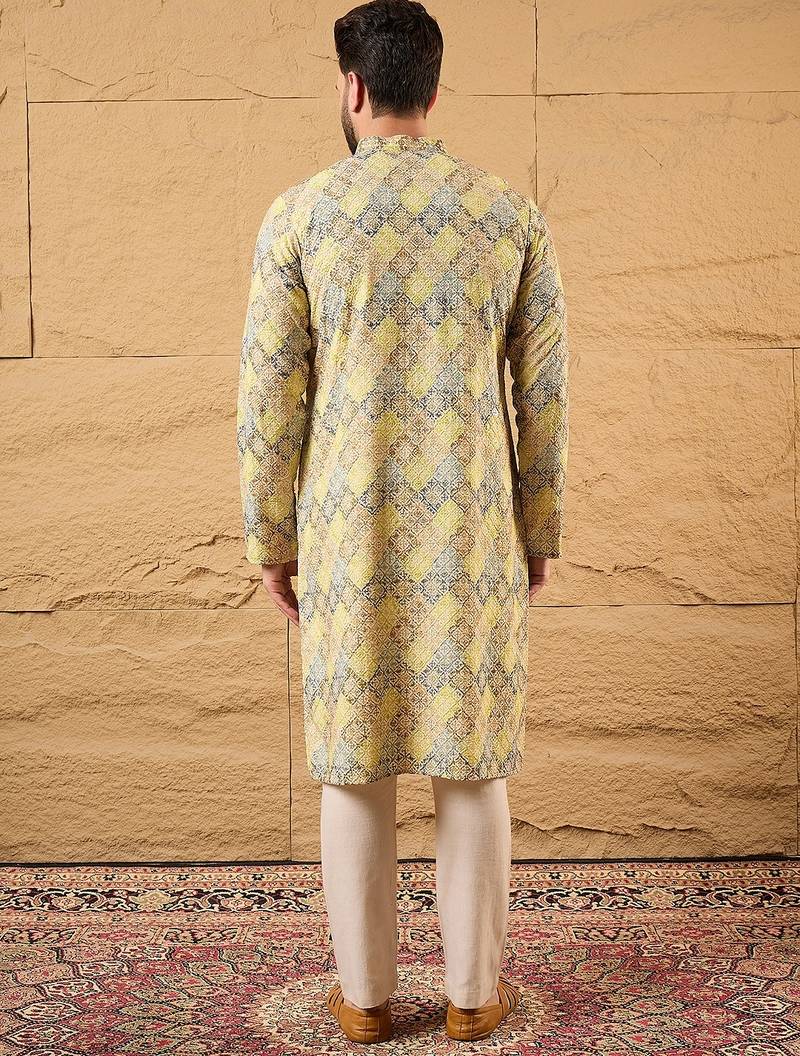 Men yellow viscose rayon bandhani embroidered straight kurta