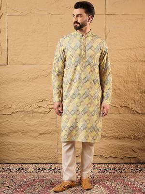 Men yellow viscose rayon bandhani embroidered straight kurta 5