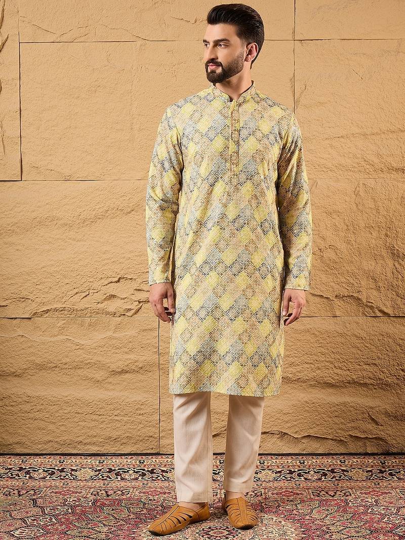 Men yellow viscose rayon bandhani embroidered straight kurta