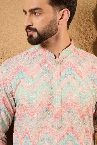 Men multi viscose rayon geometric embroidered straight kurta