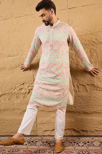 Men multi viscose rayon geometric embroidered straight kurta