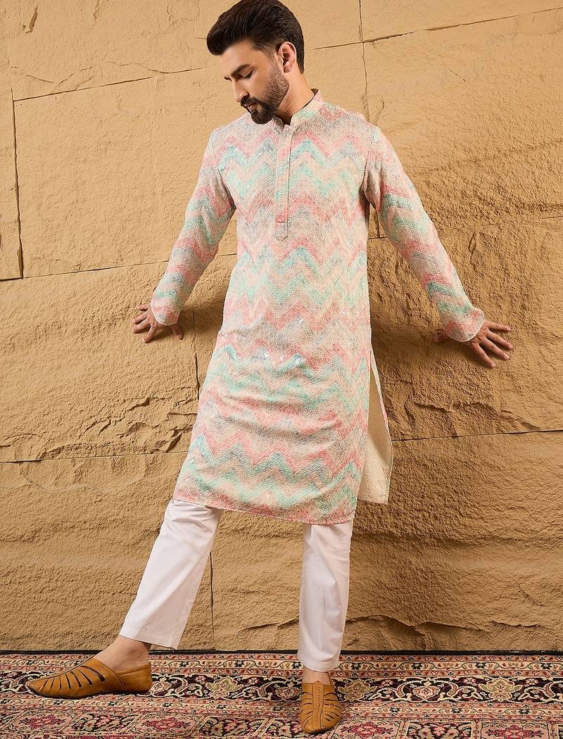 Men multi viscose rayon geometric embroidered straight kurta