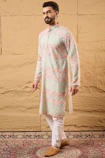 Men multi viscose rayon geometric embroidered straight kurta
