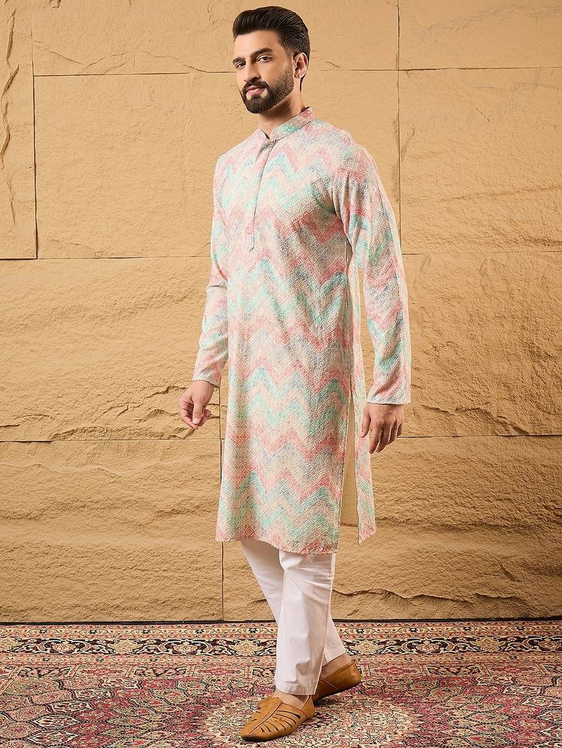 Men multi viscose rayon geometric embroidered straight kurta