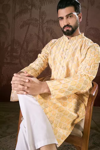 Men white silk blend ethnic motifs printed straight kurta with trouser
