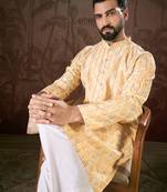 Men white silk blend ethnic motifs printed straight kurta with trouser