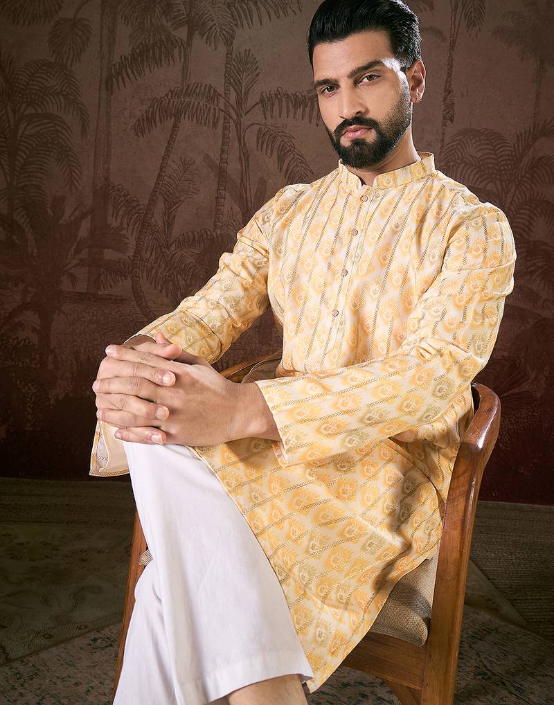Men white silk blend ethnic motifs printed straight kurta with trouser