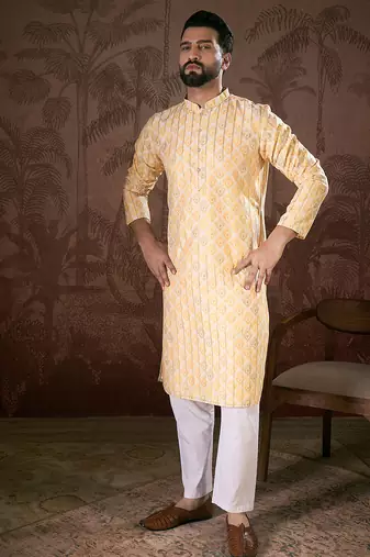 Men white silk blend ethnic motifs printed straight kurta with trouser