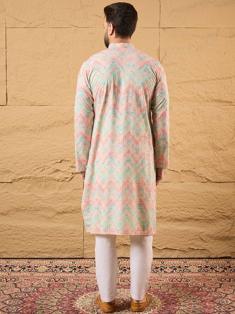 Men multi viscose rayon geometric embroidered straight kurta