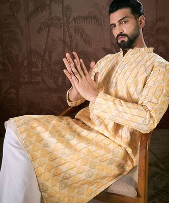 Men white silk blend ethnic motifs printed straight kurta with trouser 3