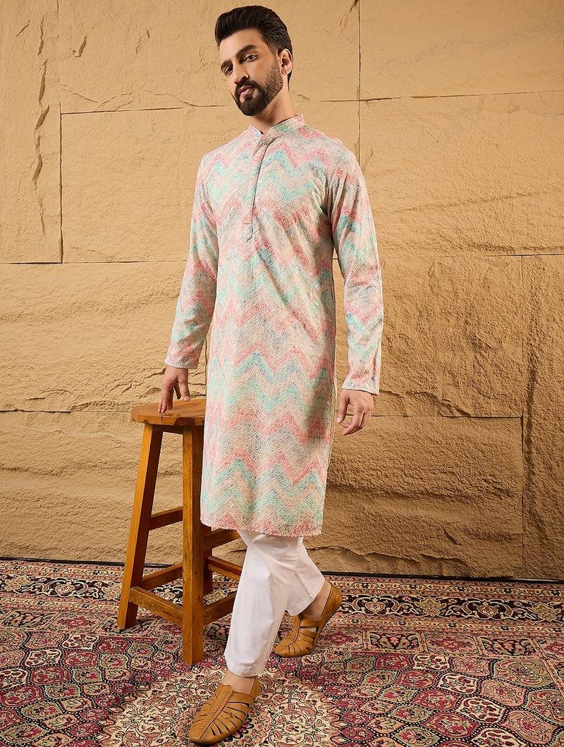 Men multi viscose rayon geometric embroidered straight kurta