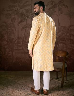 Men white silk blend ethnic motifs printed straight kurta with trouser 4
