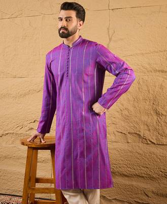Men purple cotton solid embroidered straight kurta 1