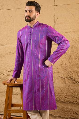Men purple cotton solid embroidered straight kurta