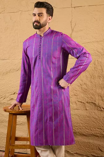 Men purple cotton solid embroidered straight kurta