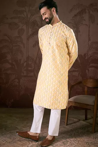 Men white silk blend ethnic motifs printed straight kurta with trouser