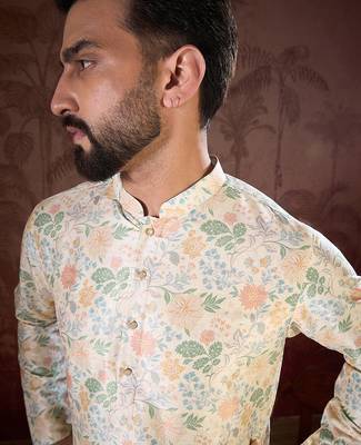 Men off white silk blend floral printed straight kurta with trouser 1