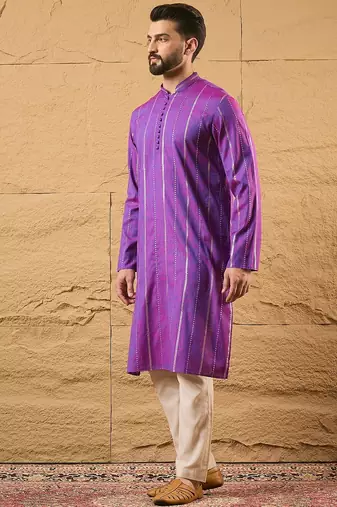 Men purple cotton solid embroidered straight kurta