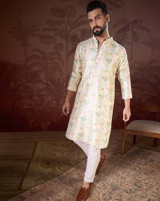 Men off white silk blend floral printed straight kurta with trouser 3