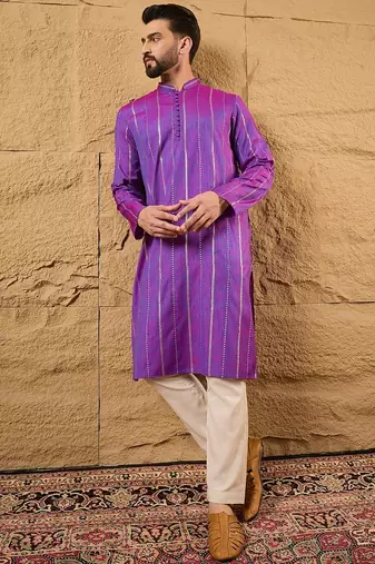 Men purple cotton solid embroidered straight kurta