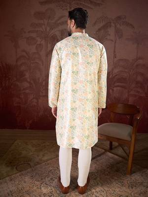 Men off white silk blend floral printed straight kurta with trouser 4