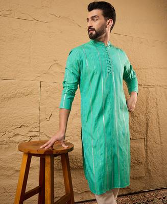 Men turquoise blue cotton solid embroidered straight kurta 1