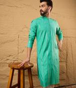 Men turquoise blue cotton solid embroidered straight kurta
