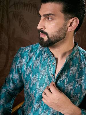 Men turquoise blue silk blend chevron printed straight kurta with trouser 1