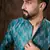 Men turquoise blue silk blend chevron printed straight kurta with trouser