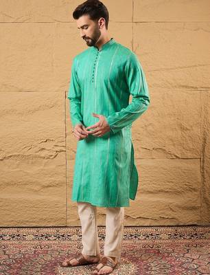 Men turquoise blue cotton solid embroidered straight kurta 3