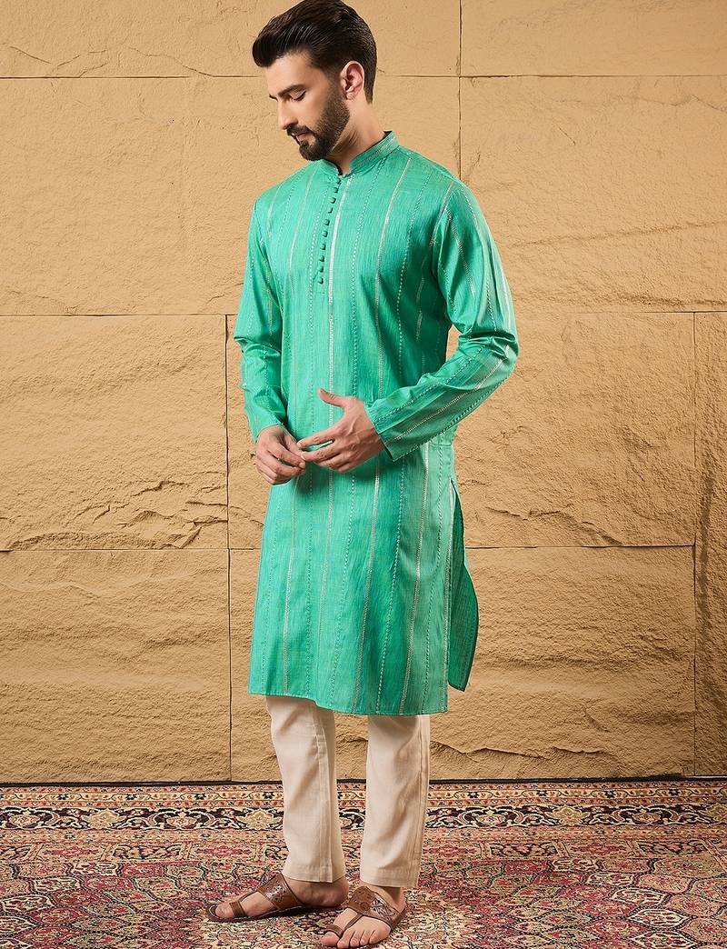 Men turquoise blue cotton solid embroidered straight kurta