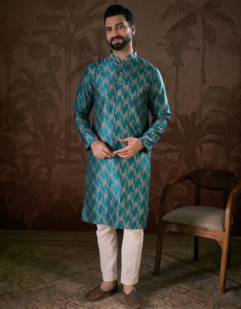 Men turquoise blue silk blend chevron printed straight kurta with trouser