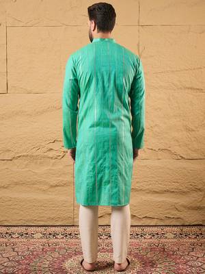 Men turquoise blue cotton solid embroidered straight kurta 4