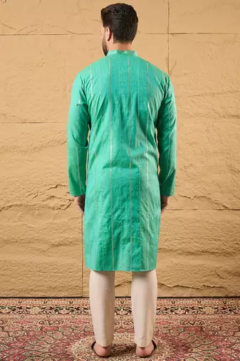 Men turquoise blue cotton solid embroidered straight kurta