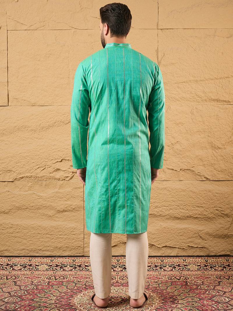 Men turquoise blue cotton solid embroidered straight kurta